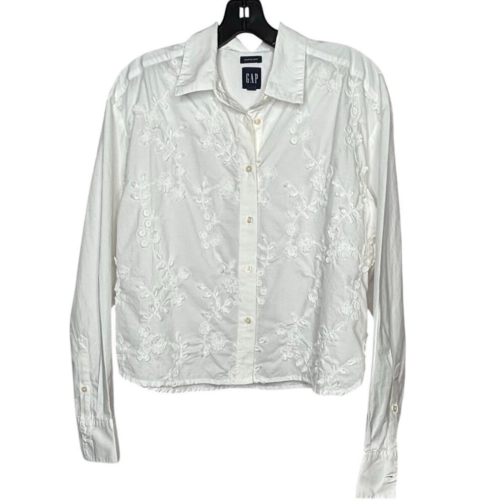 Gap White Button Down Cotton Cropped Boho Long Sleeve Trendy Shirt Size Small